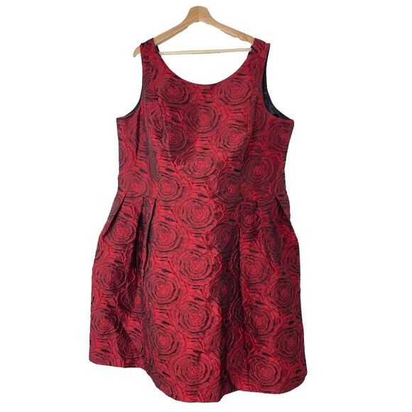 Red Womens 24W Midi Dress Rose Embossed Cocktail Holidays Luxe Carmen Marc Valvo - Picture 2 of 11